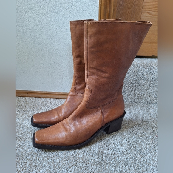 Bp Nordstrom Daisey Square Toe Mid Calf Heeled Tan Leather Boots Womens Size 6 - Picture 1 of 10